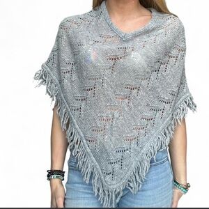 Gray Fringed Women's Sweater Poncho